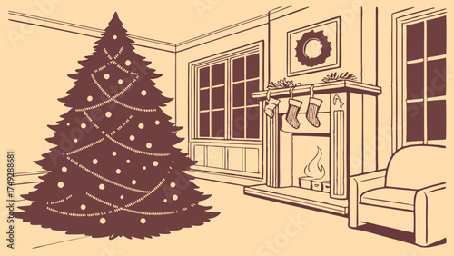 Festive Christmas Living Room Interior Illustration Vintage Drawing For Holiday Card Design And Seasonal Marketing Background