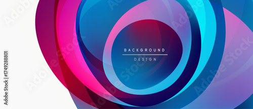 Abstract colorful layers create dynamic circular design. Vibrant pinks, blues, purples blend seamlessly. Text reads background design.