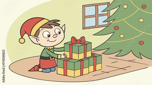 Joyful Holiday Elf Stacking Wrapped Gifts Next to Christmas Tree Seasonal Preparation and Retail Marketing Illustration