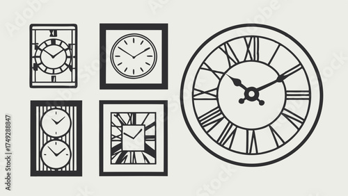 Vector Illustration of Classic Roman Numeral Clock Faces and Modern Timepieces for Business Time Management and Scheduling Design