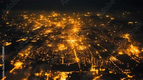 Aerial View of a Cityscape at Night Illuminated by Bright Lights.