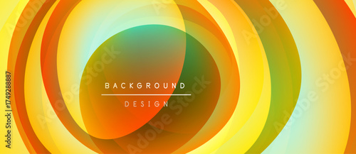 Abstract layers create circular design. Warm colors dominate, with orange, yellow, green hues. Text reads background design. Modern, dynamic composition.