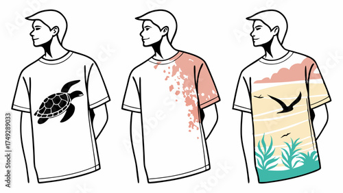 Customizable Graphic T Shirts Mockup Men Wearing Casual Summer Apparel with Nature and Abstract Prints E Commerce Fashion Design