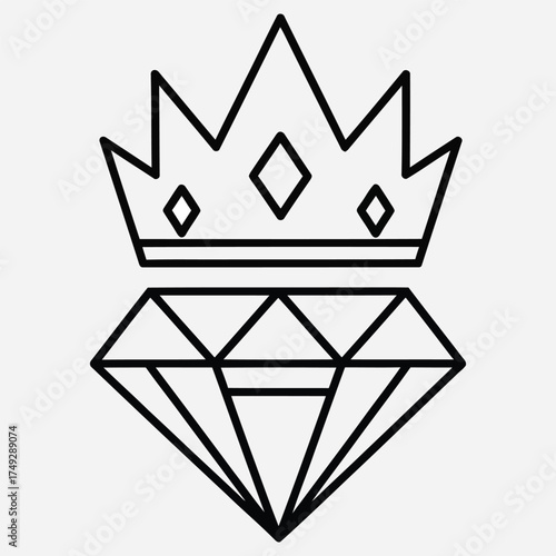 An elegant line art icon featuring a royal crown resting on a brilliant diamond, symbolizing luxury, wealth, and premium quality