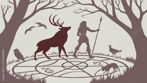 Nature Goddess Huntress Silhouette with Stag and Animals over Magic Ritual Circle Esoteric Pagan Illustration