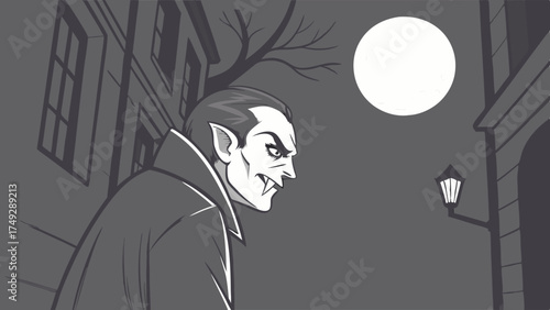 Predatory Vampire Monster Stalking Dark City Street Under Full Moon Grayscale Illustration for Horror Genre Marketing and Halloween Web Design