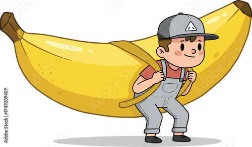 Cartoon man carrying giant banana on back with straps, humorous fruit burden concept, playful vector illustration for stock content