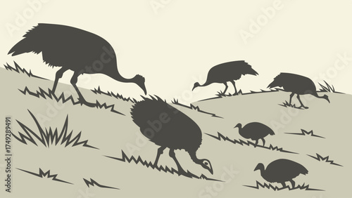 Emu Family Silhouette Illustration Foraging On Grassland Hilly Landscape Wildlife Nature Vector Graphic Design