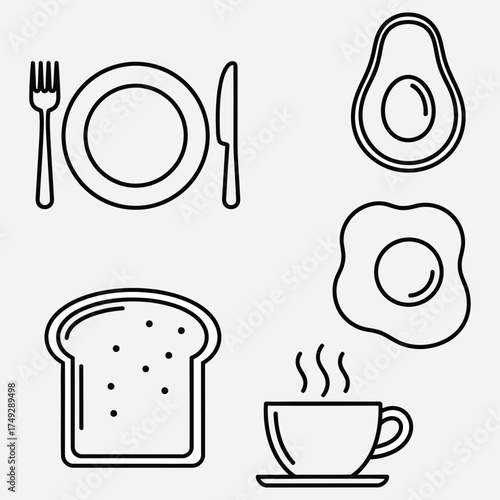 Delicious Breakfast Icons Egg, Toast, Avocado, Coffee, and Utensils on a White Background