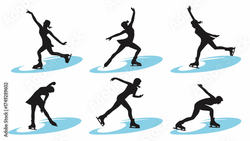 Figure Skating Silhouettes Set of Female Athletes Dynamic Poses for Winter Sports and Competition