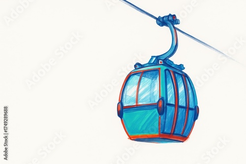 Vivid artistic illustration of a gondola lift cabin suspended on a cable, painted in bright blue and orange hues. The minimal background highlights the design and form, evoking feelings of elevation, 