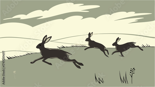 Dynamic Graphic Illustration of Three Wild Hares Running Fast Across a Rural Field Landscape in Retro Silhouette Style