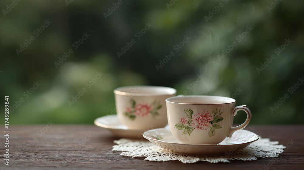 Fototapeta premium Elegant tea cups with floral patterns on a dark wooden surface, evoking feelings of serenity and warmth. Ideal for themes of friendship, leisure, and afternoon relaxation.