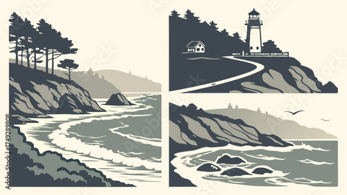 Vintage Monochrome Coastal Seascape Illustration Set Lighthouse Cliffside Ocean Waves and Pine Forest Retro Travel and Nature Design
