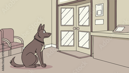 Attentive Dog Sitting Patiently in Veterinary Clinic Waiting Room Illustration Pet Health Care Appointment Service Animal Vector