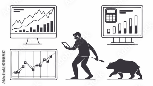 Digital Finance Evolution Hunter Leading Bear Market Risk Analysis with Tablet and Data Screens