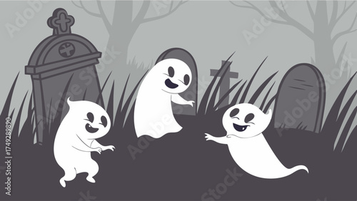 Playful Cartoon Ghosts Dancing In A Spooky Graveyard Illustration Happy Spirits For Halloween Party Design October Seasonal Web Graphics