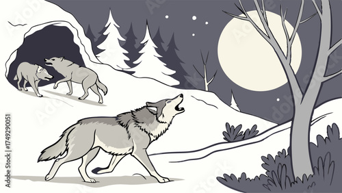 Wild Wolf Pack Howling At The Full Moon In Snowy Winter Forest Detailed Wildlife Illustration Nature And Survival Scene