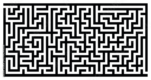 Black white maze vector illustration with thick walls, horizontal layout, abstract puzzle background, winding path design for brain teaser, logic challenge, entrance exit route, minimal style concept