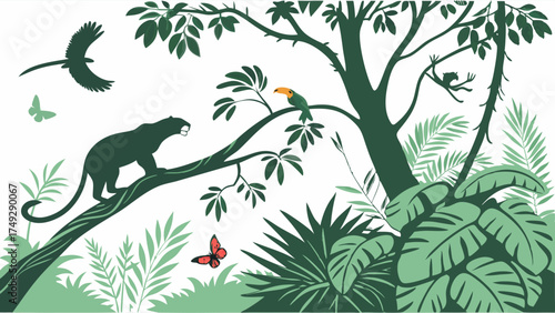 Lush Tropical Jungle Silhouette Vector Illustration Exotic Wildlife Scene with Panther Toucan and Monkey Nature Background