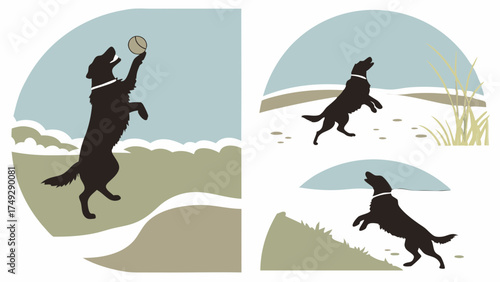 Happy Black Labrador Dog Silhouette Jumping and Running Outdoors Graphic Illustration for Pet Care Design and Active Lifestyle