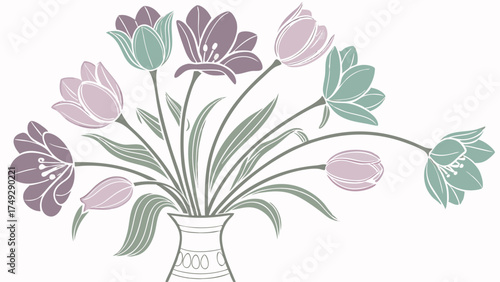 Vintage Art Nouveau Style Tulip Bouquet Muted Pastel Colors Floral Illustration for Elegant Spring Web Design and Stationery