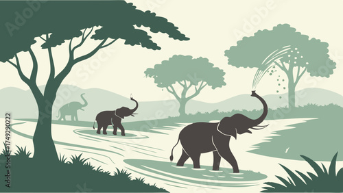 African Elephants Spraying Water in River on Savanna Safari Trip Wildlife Conservation Illustration Background