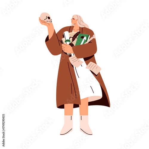 Woman holding skull, human bones, history and archaeology books, archive documents. Female anthropologist with historical papers for study. Flat vector illustration isolated on white background