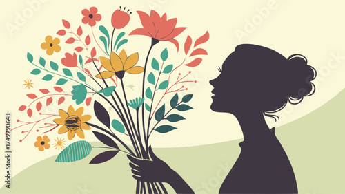 Woman Enjoying Fragrant Bouquet of Colorful Flowers, Celebrating Spring, Summer, Romance, and Joyful Moments for Lifestyle, Beauty, and Gift Marketing.