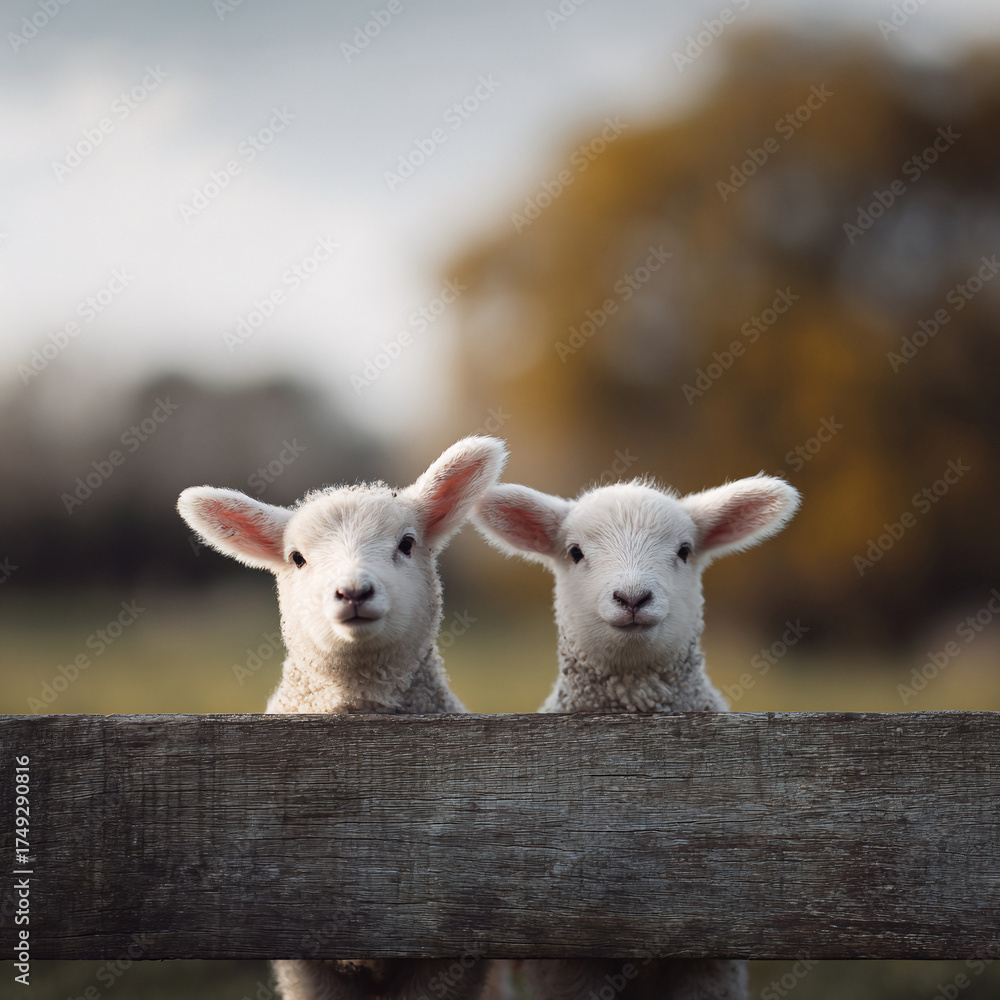 Fototapeta premium Adorable lambs peek over a rustic wooden fence. Symbolizing innocence, spring, and new beginnings. Perfect for pastoral themes, greeting cards, or heartwarming projects.