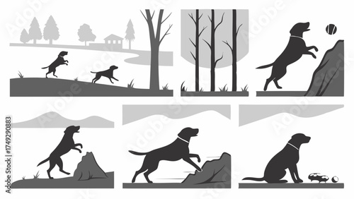 Determined Dog Training Agility Progress Vector Illustration Running Jumping Climbing Obstacles Outdoors Pet Fitness and Achievement Silhouette