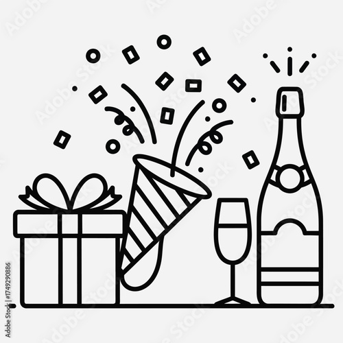 Festive celebration outline icon set featuring a champagne bottle, party popper with confetti, and a gift box for a special occasion