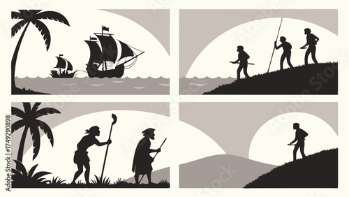 Monochrome Silhouette Illustration of Historical Exploration Pioneers Journey Ships Arrival and New Land Discovery