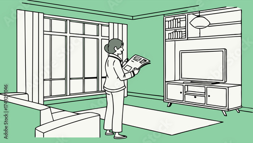 Homeowner Woman Reading Design Catalog Planning Renovation Project in Modern Living Room Interior Illustration