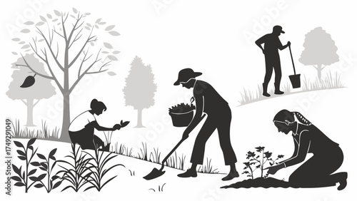 Collaborative Team of Volunteers Gardening Outdoors Planting Flowers and Digging Soil for Environmental Restoration