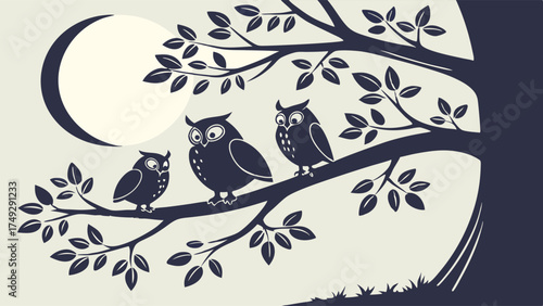 Three Wise Owls Perched on Tree Branch Under Crescent Moon Night Scene for Wisdom Education or Family Themes