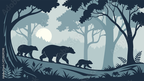 Bear Family Walking Through Misty Forest Silhouette Wildlife Illustration for Nature Websites and Conservation Campaigns