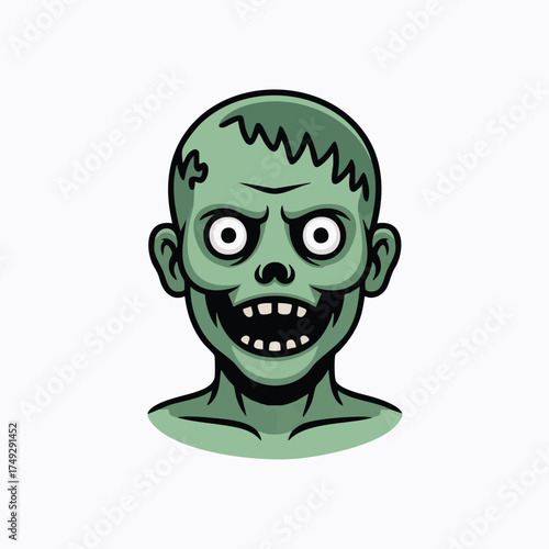 Cartoon zombie head with ghoulish grin sunken eyes and pale green skin