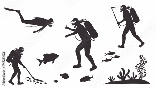 Scuba Divers Exploring Underwater Marine Life Seabed Silhouettes for Adventure Travel Web Design and Ocean Ecology Projects