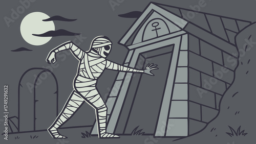 Spooky Mummy Emerging from Tomb for Halloween Marketing, Horror Website Design, Mysterious Autumn Event Promotion, Scary Nighttime Cemetery Scene