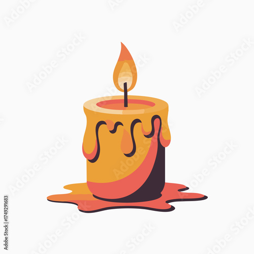 Cartoonstyle candle with melted wax and lit flame on a white background
