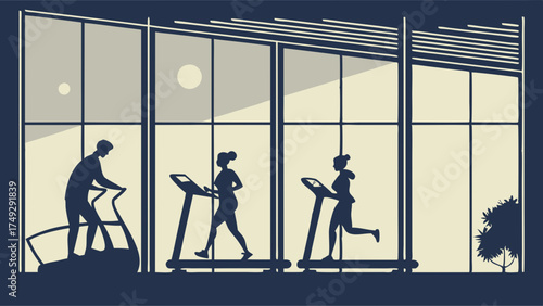 Active People Exercising on Treadmills in Modern Gym at Night, Promoting Health and Wellness for Fitness Marketing and Web Design