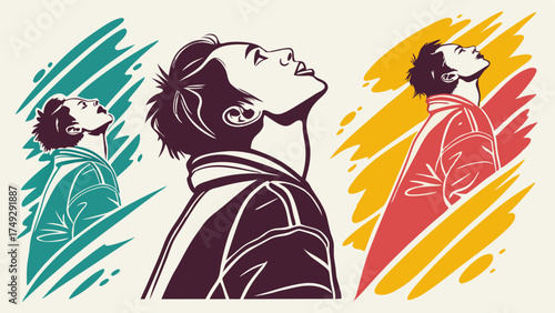 Youthful Man Gazing Upward with Hopeful Expression, Inspiring Dreams and Future Success in Modern Design, Web Graphics, and Advertising Campaigns