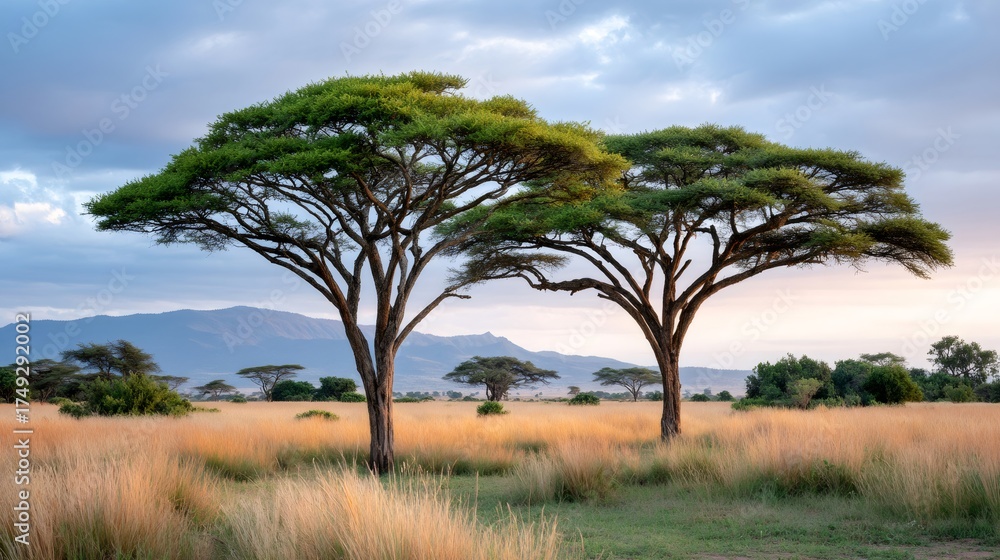 Fototapeta premium Acacia trees in golden light on African savanna