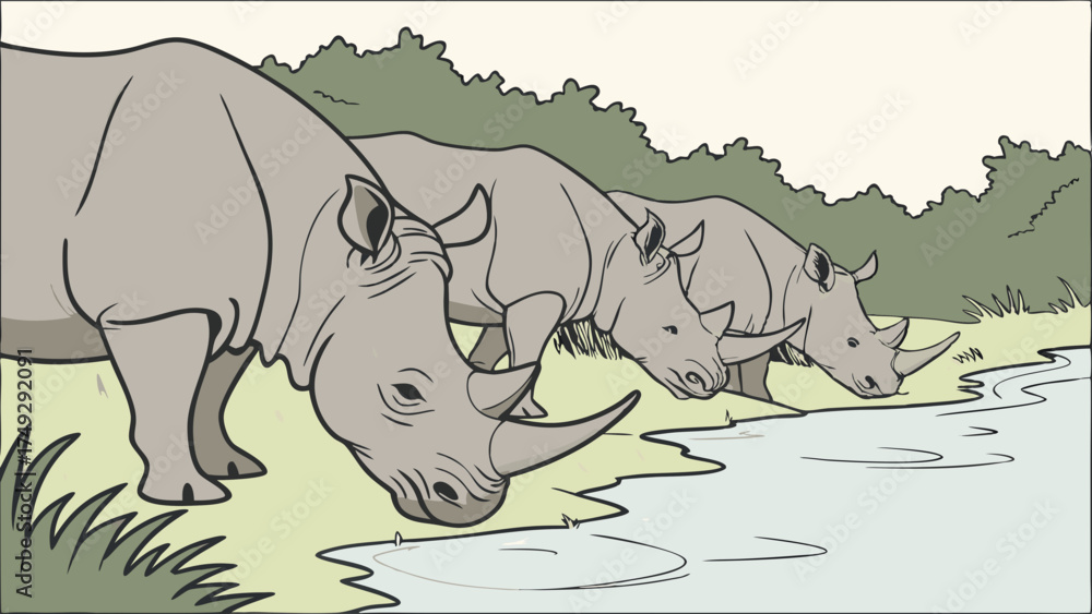 Fototapeta premium Rhino Herd Drinking Water Peaceful Safari Wildlife Nature Scene for Travel Tourism and Conservation Campaigns