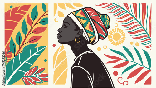 Empowered Black Woman in Vibrant Headwrap, Celebrating Heritage and Resilience, Ideal for African Culture, Beauty Brands, and Social Justice Campaigns