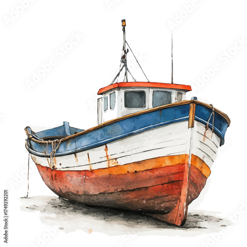 watercolor vector of Fishing Boat, isolated on a white background.