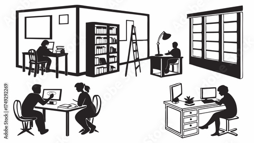 Focused Professionals Working Remotely in Diverse Office Spaces, Collaborative Learning, and Individual Study for Productivity and Success