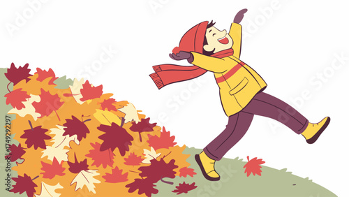Joyful Child Jumping into Autumn Leaves Pile for Fall Season Fun and Outdoor Recreation, Perfect for Seasonal Marketing and Website Graphics