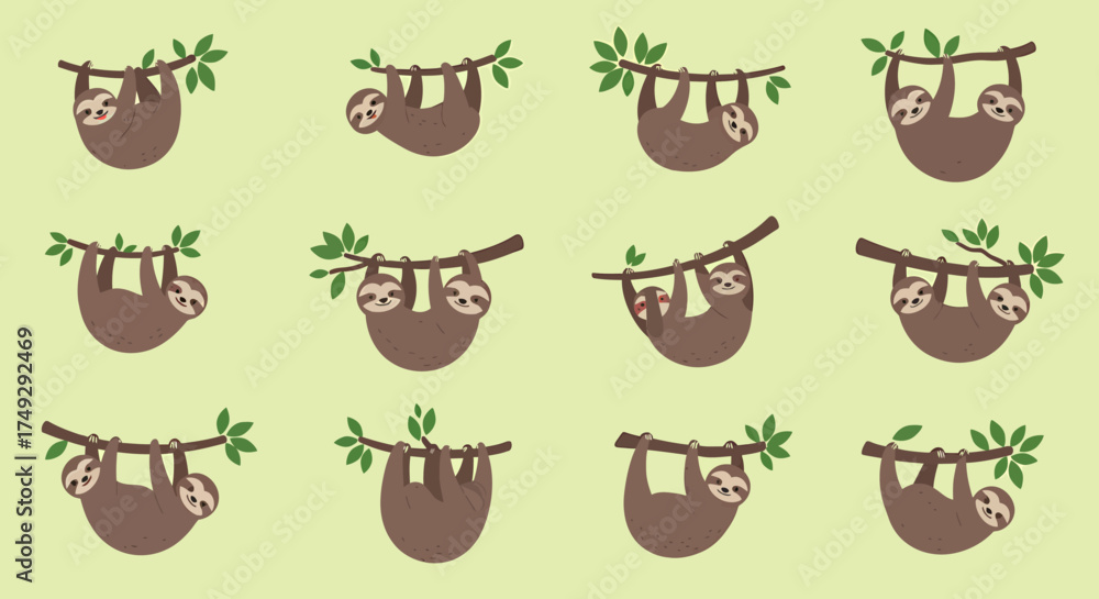 Obraz premium Cartoon sloths hanging from tree branches in a repeating pattern
